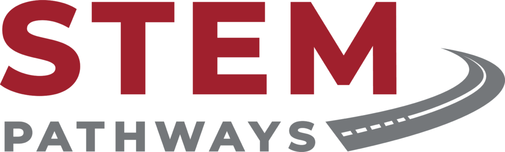 STEM Pathways logo with red and gray letters.