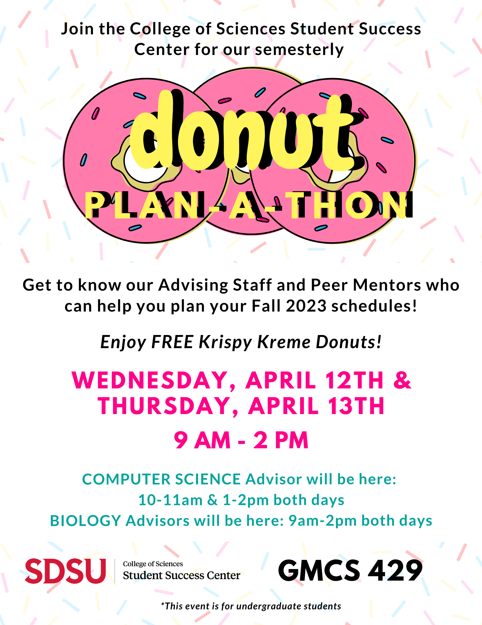 donut planathon spring 23 flyer with 3 pink donuts at the top