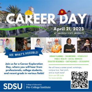 Career Day Flyer. SDSU campus in background. Blue and white flyer. A panel of 6 people is on bottom of flyer. April 21, 2023. Join us for career exploration day, where yo will hear form professionals, college students, and recent grads in various fields. Scan the QR code. Looking for volunteers