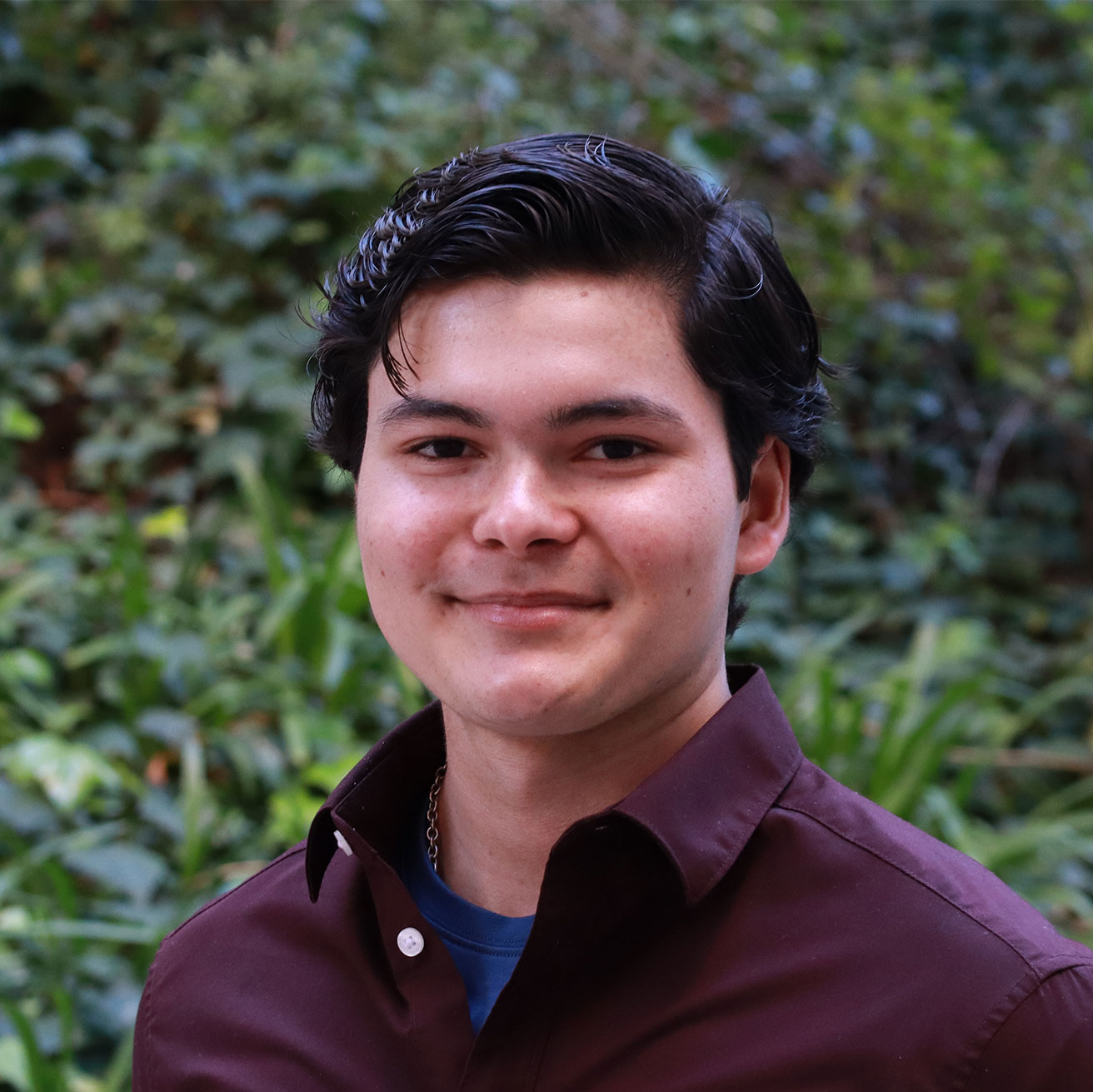 Headshot of scholar. Green plants behind scholar. Scholar has wavy black hair that comes up to the ears. Wearing a dark purple button up shirt with a blue shirt underneath. Wears a chain necklace tucked inside blue inner shirt.