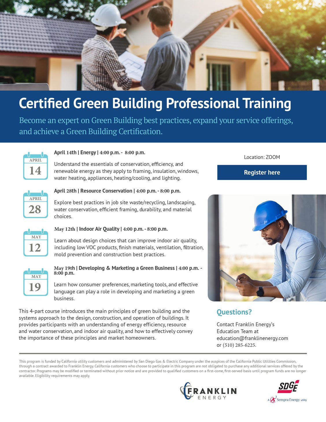 Certified Green Building Professional Training Flyer blue and white (Franklin Energy and SDSGE) Become an Expert on Green building bed practices, expand service offerings and achieve a green building certificate