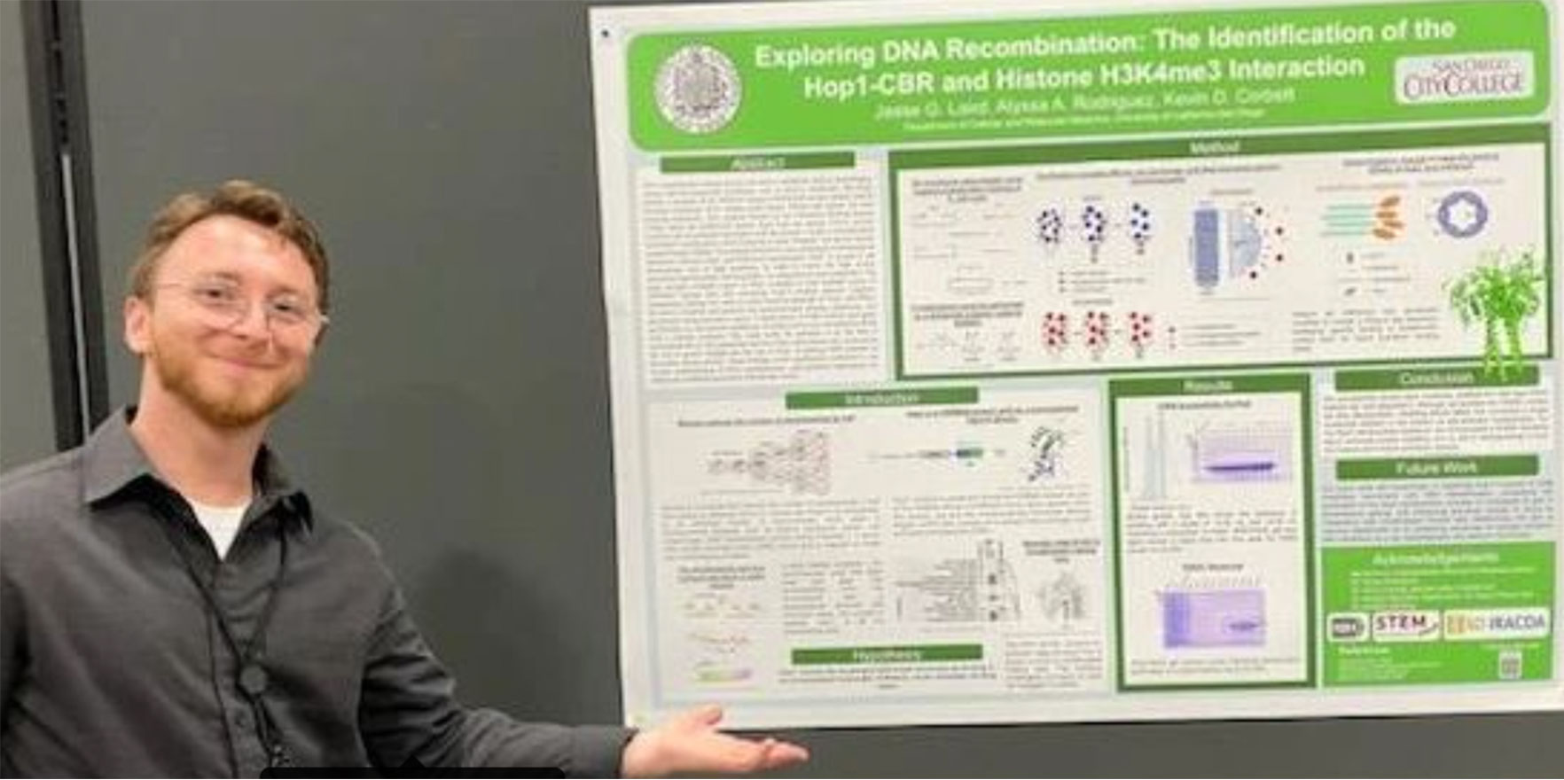 STEM Pathways and IRACDA scholar from San Diego City College presents their research poster at ABRCMS 2023. The poster is green and white and is about Exploring DNA Recombination: The identification of the Hop1-CBR and Histone H3k4me3 Interaction. They are wearing a black button down shirt with a white undershirt underneath. Has glasses and light reddish hair and a beard.