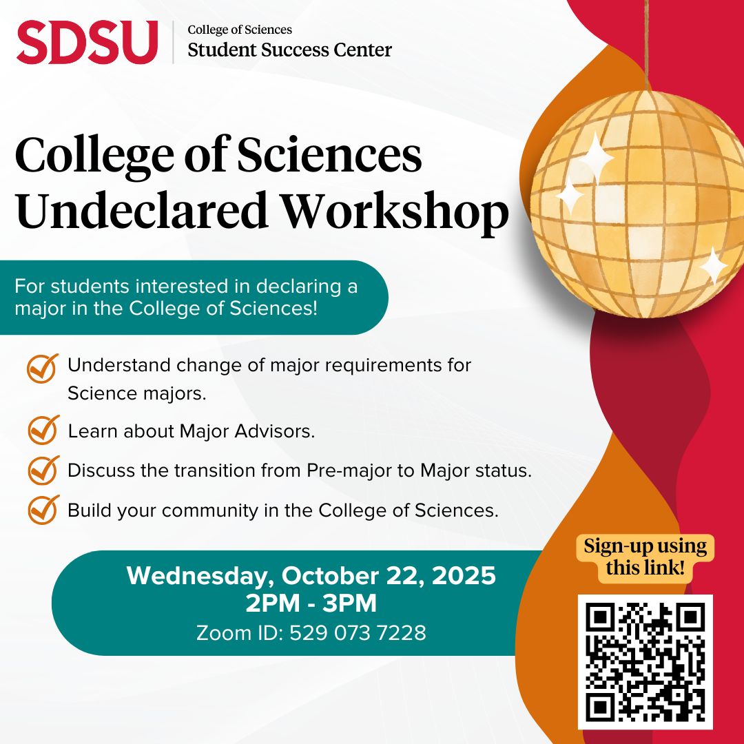 Fall '25 Careers in Sciences Astronomy/Physics flyer. Oct 12, Shiley Bioscience Center Gold Auditorium 1-2:30pm. Register by scanning the QR code. James Guillochon, Principal Data Scientist, Caelum Rodriguez, Data Scientist, Andrew Buckner, Senior Laser Technician,Jeffrey Rich, Astronomer adn Outreach Coordinator, Questions email at sciences.studentsuccess@sdsu.edu