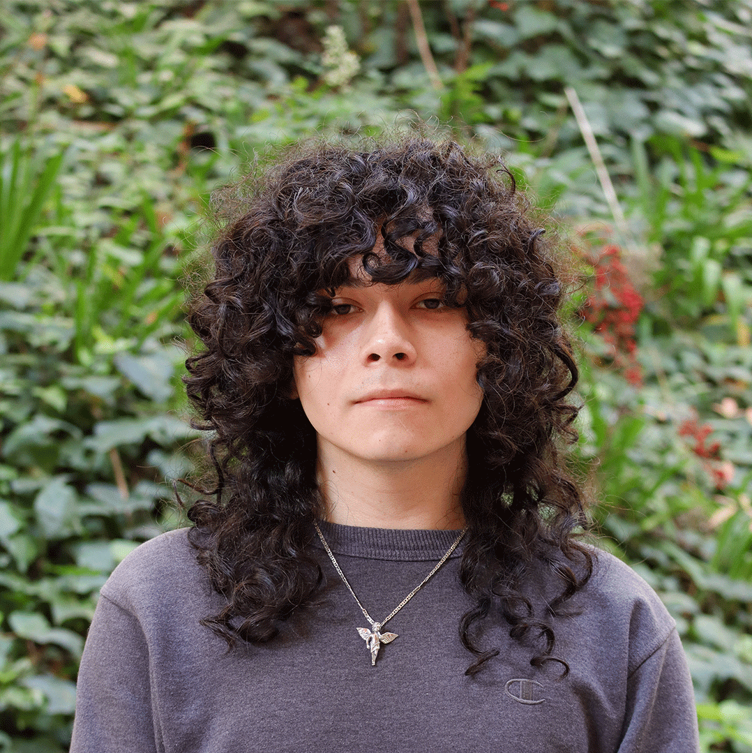 Green leaves in the background and a few red flowers. Scholar has thick cruly black hair that is shoulder length. Their bangs curl past their forehead. They are wearing a grey sweater with a small tiny logo above their chest. They have a silver necklace with a fairy charm.
