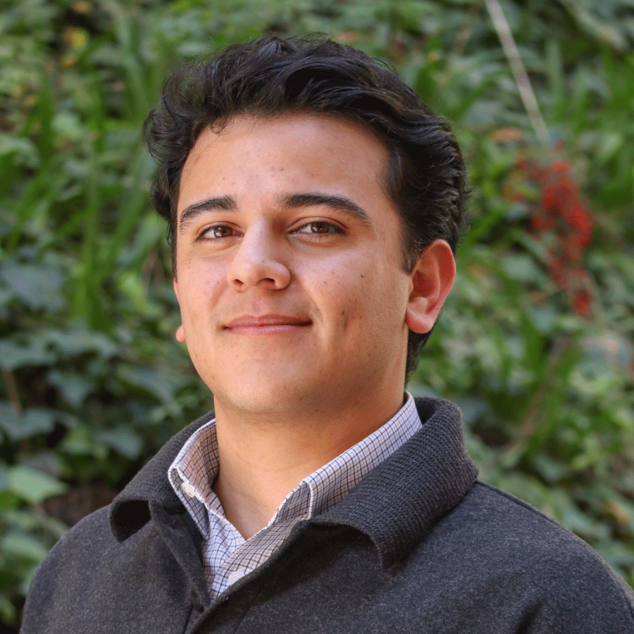 Green leaves in the background and a few red flowers. Scholar has short wavy black hair. They are wearing a grey collar sweater on top of a button striped white shirt with a collar underneath the gray sweater.