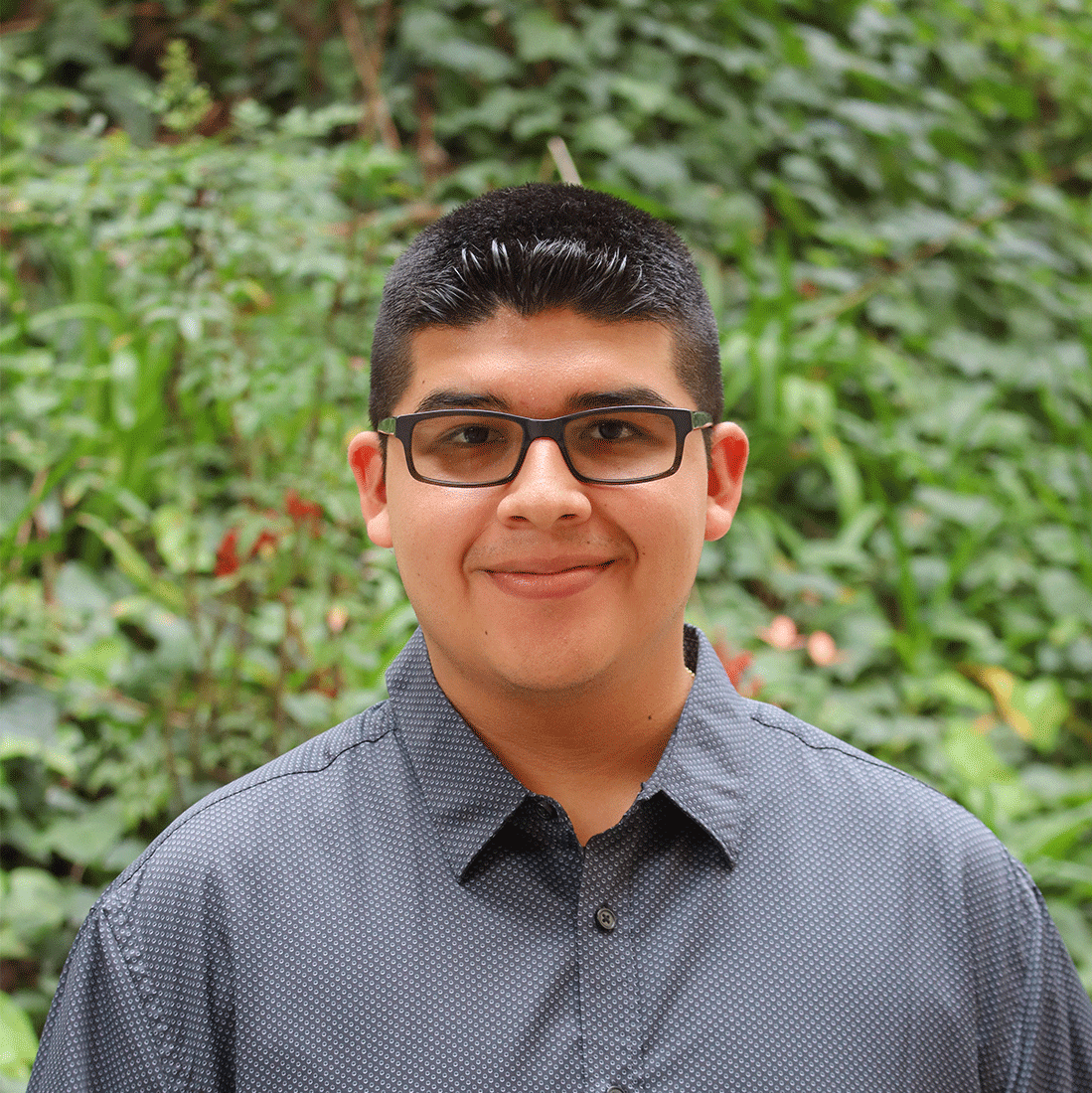 Green leaves in the background and a few red flowers. Scholar has thick black short hair. Has black square glasses. Is wearing a grey patterned buttoned down shirt.